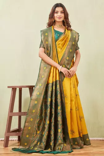 green gold art silk jacuard work designer party wear saree with unstitched blouse piece