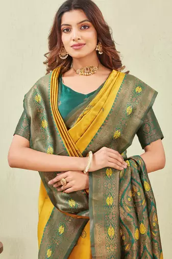 green gold art silk jacuard work designer party wear saree with unstitched blouse piece