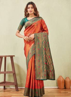 green orange art silk jacuard work designer party wear saree with unstitched blouse piece 1