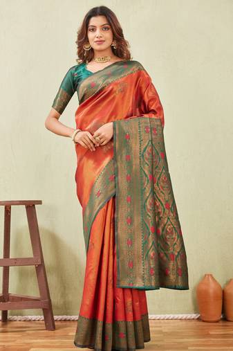green orange art silk jacuard work designer party wear saree with unstitched blouse piece