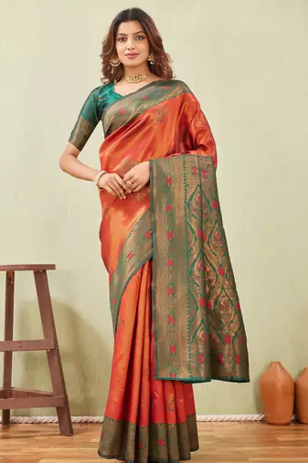 green orange art silk jacuard work designer party wear saree with unstitched blouse piece