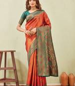 green orange art silk jacuard work designer party wear saree with unstitched blouse piece