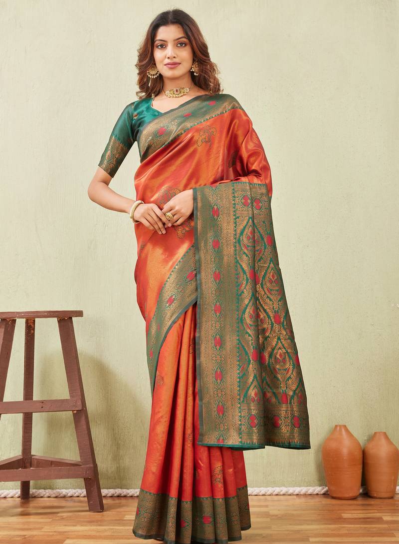 green orange art silk jacuard work designer party wear saree with unstitched blouse piece