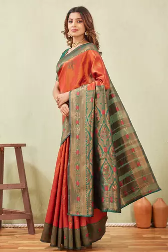 green orange art silk jacuard work designer party wear saree with unstitched blouse piece