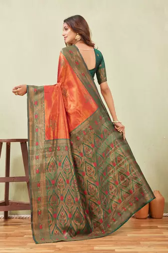green orange art silk jacuard work designer party wear saree with unstitched blouse piece