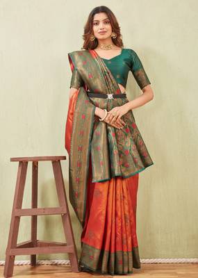 green orange art silk jacuard work designer party wear saree with unstitched blouse piece 4