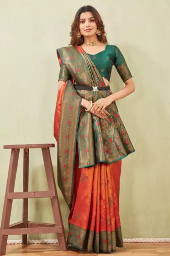 green orange art silk jacuard work designer party wear saree with unstitched blouse piece