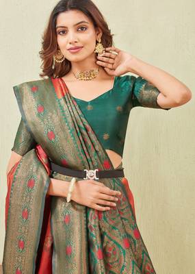 green orange art silk jacuard work designer party wear saree with unstitched blouse piece 5