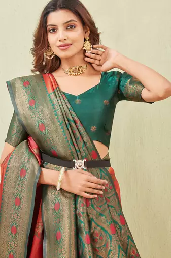 green orange art silk jacuard work designer party wear saree with unstitched blouse piece