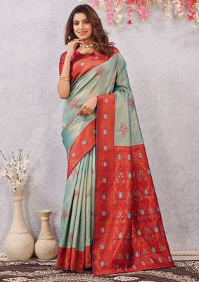 red rama art silk jacuard work designer party wear saree with unstitched blouse piece 1