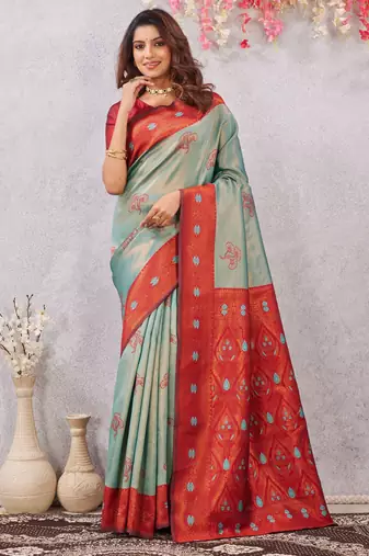 red rama art silk jacuard work designer party wear saree with unstitched blouse piece