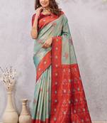 red rama art silk jacuard work designer party wear saree with unstitched blouse piece