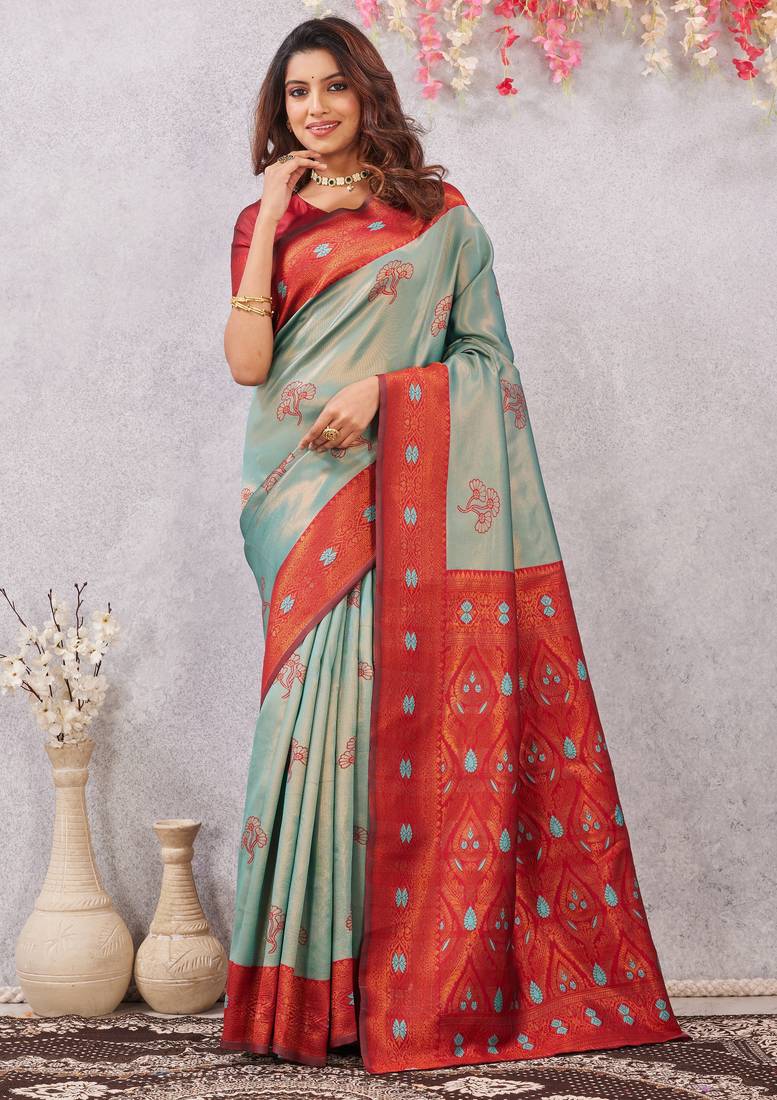 red rama art silk jacuard work designer party wear saree with unstitched blouse piece