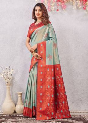 red rama art silk jacuard work designer party wear saree with unstitched blouse piece 2