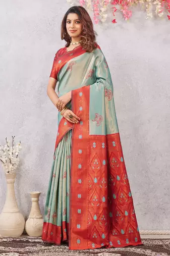 red rama art silk jacuard work designer party wear saree with unstitched blouse piece