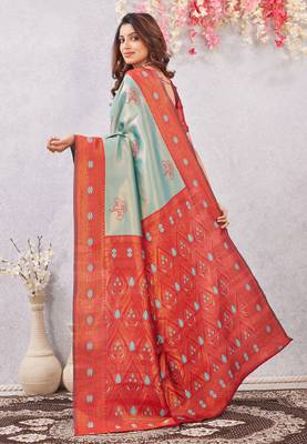 red rama art silk jacuard work designer party wear saree with unstitched blouse piece 3