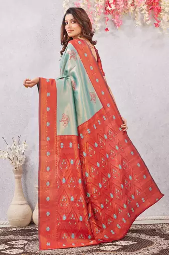 red rama art silk jacuard work designer party wear saree with unstitched blouse piece