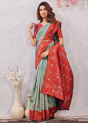 red rama art silk jacuard work designer party wear saree with unstitched blouse piece 4