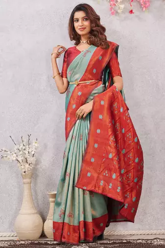 red rama art silk jacuard work designer party wear saree with unstitched blouse piece