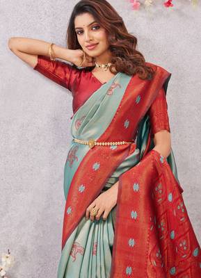 red rama art silk jacuard work designer party wear saree with unstitched blouse piece 5