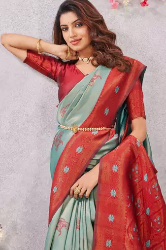 red rama art silk jacuard work designer party wear saree with unstitched blouse piece