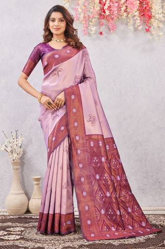 wine purple art silk jacuard work designer party wear saree with unstitched blouse piece