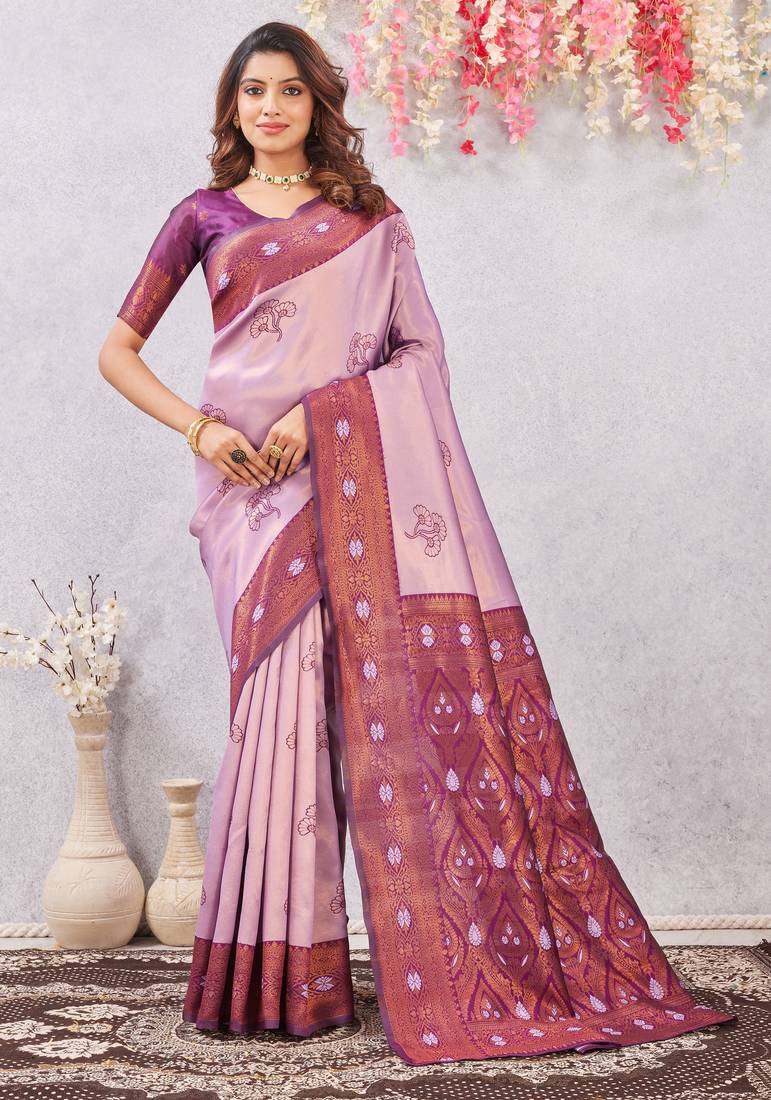wine purple art silk jacuard work designer party wear saree with unstitched blouse piece