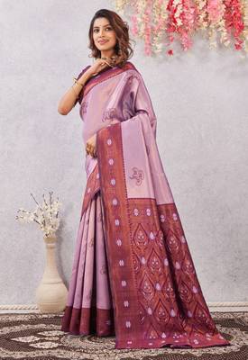 wine purple art silk jacuard work designer party wear saree with unstitched blouse piece 2