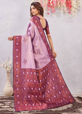 wine purple art silk jacuard work designer party wear saree with unstitched blouse piece 3