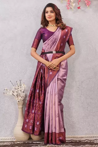 wine purple art silk jacuard work designer party wear saree with unstitched blouse piece