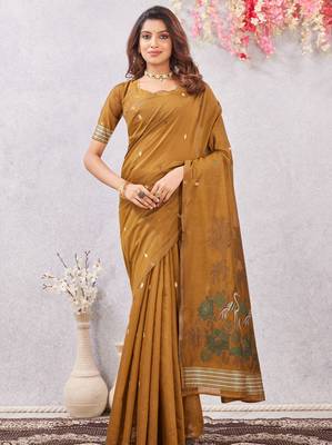 mustard lillen jacuard work designer party wear saree with unstitched blouse piece 1