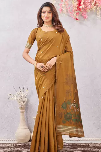 mustard lillen jacuard work designer party wear saree with unstitched blouse piece