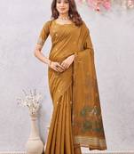 mustard lillen jacuard work designer party wear saree with unstitched blouse piece