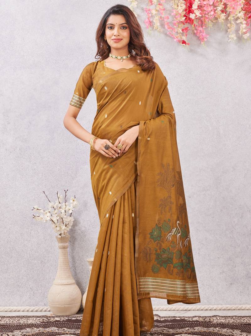 mustard lillen jacuard work designer party wear saree with unstitched blouse piece