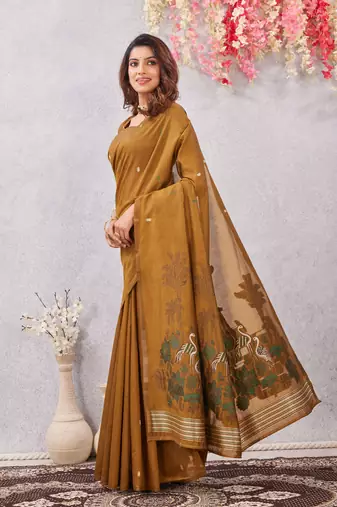 mustard lillen jacuard work designer party wear saree with unstitched blouse piece