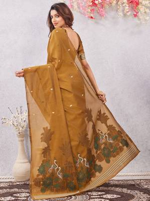 mustard lillen jacuard work designer party wear saree with unstitched blouse piece 3