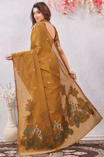 mustard lillen jacuard work designer party wear saree with unstitched blouse piece