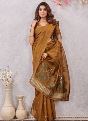 mustard lillen jacuard work designer party wear saree with unstitched blouse piece 4