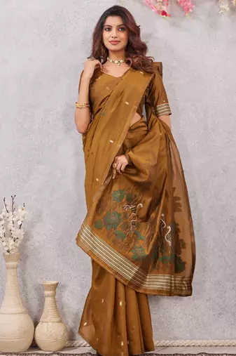 mustard lillen jacuard work designer party wear saree with unstitched blouse piece