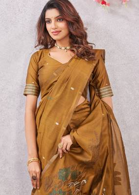 mustard lillen jacuard work designer party wear saree with unstitched blouse piece 5