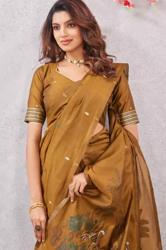 mustard lillen jacuard work designer party wear saree with unstitched blouse piece