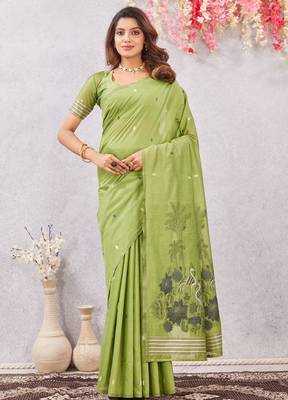 parrot green lillen jacuard work designer party wear saree with unstitched blouse piece 1