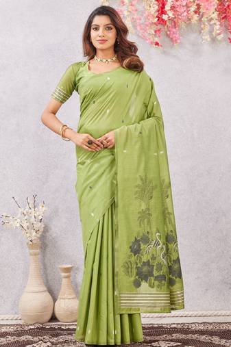 parrot green lillen jacuard work designer party wear saree with unstitched blouse piece