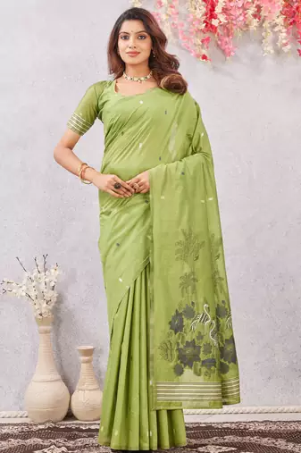 parrot green lillen jacuard work designer party wear saree with unstitched blouse piece