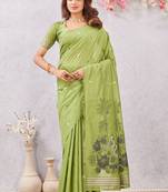 parrot green lillen jacuard work designer party wear saree with unstitched blouse piece
