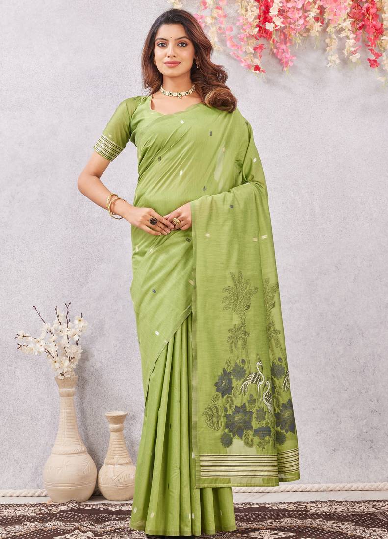 parrot green lillen jacuard work designer party wear saree with unstitched blouse piece