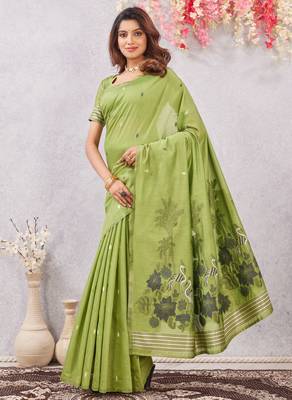 parrot green lillen jacuard work designer party wear saree with unstitched blouse piece 2