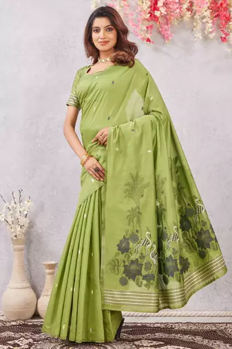 parrot green lillen jacuard work designer party wear saree with unstitched blouse piece