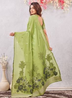 parrot green lillen jacuard work designer party wear saree with unstitched blouse piece 3