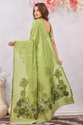 parrot green lillen jacuard work designer party wear saree with unstitched blouse piece